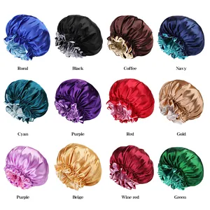 Double-layered elastic satin sleep caps for hair care shown in twelve assorted colors