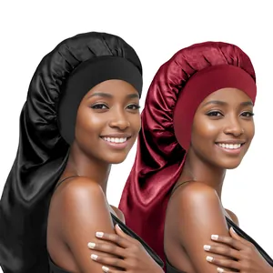 Women's Long Satin Sleep Cap Wide Elastic Band Bonnet For Long Hair Braids Solid Color Hair Care Night Hat
