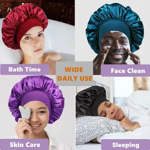 Elastic wide band satin sleep bonnet in four colors for hair care and beauty routines