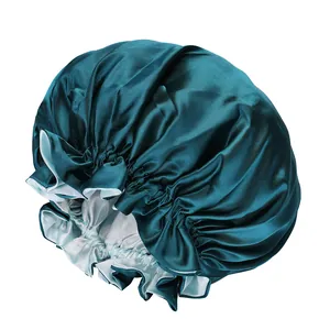 Double-layer satin sleep bonnet in teal and silver blue with elastic wide band for hair care