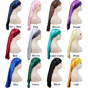 Long satin hair bonnet for women in 12 colors including pink and navy for hair protection