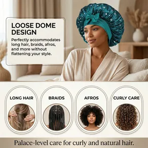 Detail showing deep teal satin sleep cap with cherry print for long hair and braids