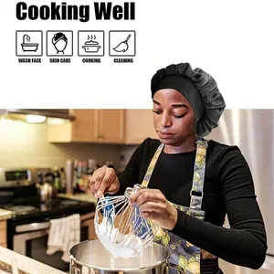 Elastic wide-band satin bonnet for hair protection during cooking and skin care