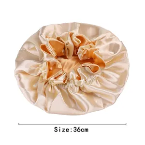 Champagne gold double-layer satin sleep bonnet with elastic wide band and 36cm diameter