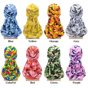 Camouflage Satin Silky Durag For Men Women Long Tail Pirate Hat Hip Hop Headwrap For Hair Protection Waves Sleeping Cap