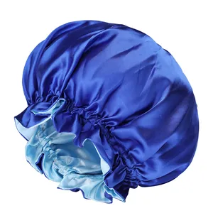Double-layered satin sleep cap in royal blue with elastic wide band and silky texture