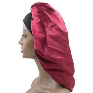 Elastic wide band satin sleep bonnet in burgundy and black for hair protection
