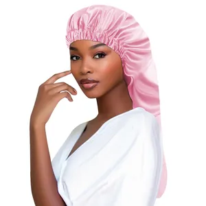 Bonnet de nuit long en satin rose avec bande élastique pour protéger les cheveux