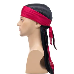 Red and black two-tone silky durag for adults with long tail and wave edge in satin