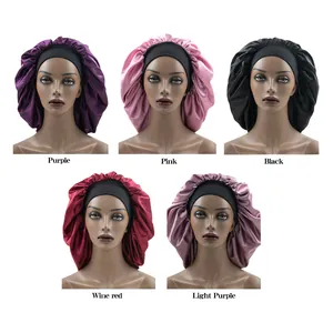 Elastic wide band satin bonnets for hair care in purple pink black and wine red