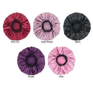 Satin sleep bonnets with wide elastic band in wine, purple, black and pink colors