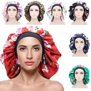 Women Satin Sleep Cap Floral Print Silk-Like Night Bonnet With Elastic Wide Band For Hair Care Sleeping