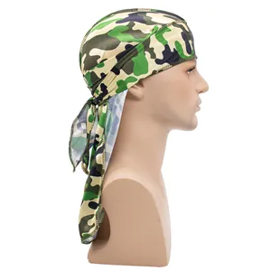 Silky camo durag with long tail and wide straps for 360 waves shown on mannequin head