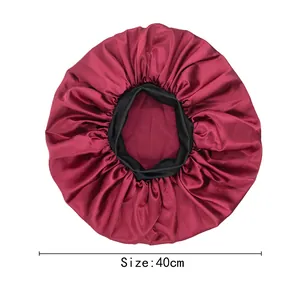 Wine red satin bonnet hair cap with black elastic wide band 40cm diameter size