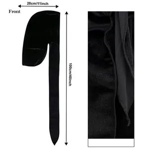 Black velvet durag with extra long tail and premium soft texture dimensions 100cm by 28cm