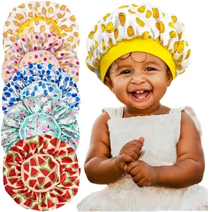 Baby Kinder Elastische Satin Schlafmütze Weiche Haarpflege Haube Wassermelone Apfel Smiley Muster Nachtschlafmütze Für Kleinkinder
