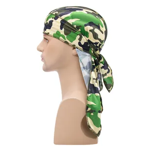 Silky camo durag with green camouflage pattern and extra long tail for compression