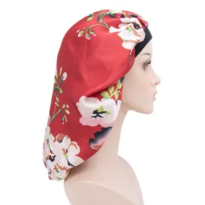 Red floral satin sleep bonnet with extra long design and elastic black headband