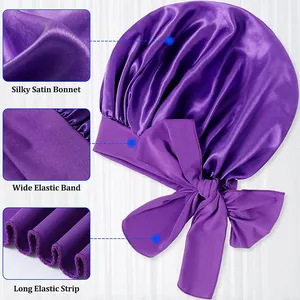 Silky purple satin bonnet with wide elastic band and long tie for hair protection