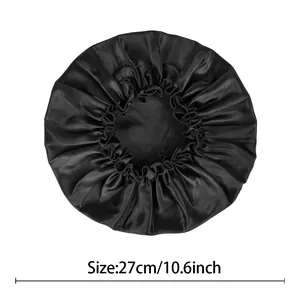 Elastic satin bonnet sleep hair cap in black silk-like fabric with 27cm diameter size