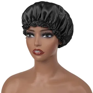 Single layer black satin bonnet for hair care with elastic wide band for sleeping