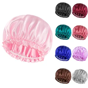 Silky satin sleep bonnet with elastic ruffled edge available in nine assorted solid colors