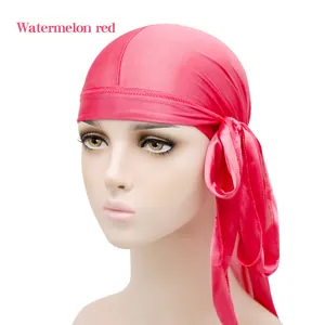 Silky satin durag in watermelon red with long straps and stitching details