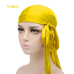 Vibrant yellow silky satin durag with long ties for men and women, variant display