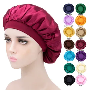 Bonnet de Nuit en Satin Couleur Unie pour Femmes Bande Élastique Large Polyester Soin des Cheveux Chapeau de Nuit Accessoire