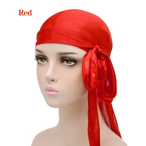 Vibrant red silky durag with long tail and satin finish for hair waves and styling