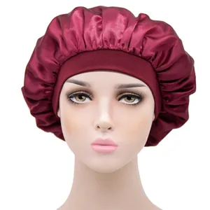 Bonnet de nuit élastique en satin bordeaux pour le soin des cheveux en tissu soie