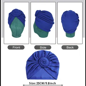 Navy blue bohemian turban hat for women with front side and back views and size details