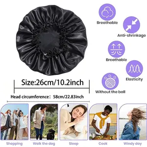 Black satin hair bonnet for women with 26cm diameter and elastic soft lace band