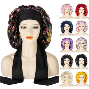 Damen Große Satin Schlafhaube Verstellbare Breitband-Schleife Haarpflegekappe Schmetterlingsdruck Retro-Kette Nachtmütze