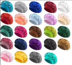 Grid display of 24 colorful satin bonnets with elastic wide bands for night hair care