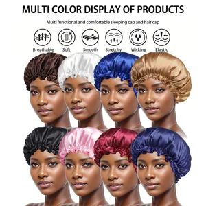 Silk satin sleep caps for hair care in multiple colors with elastic ruffled edges