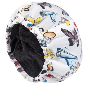 Double-layer waterproof shower cap with colorful butterfly print and elastic band