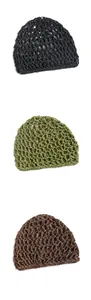 Detail of crochet mesh beanies in black, olive green, and dark brown colors