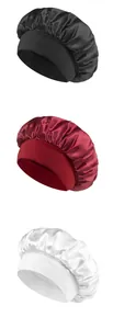 Detailed view of elastic wide band satin sleep caps in black, burgundy and white colors