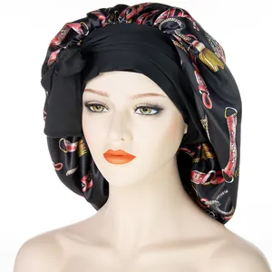 Große Satin Schlafhaube mit Vintage-Kettenmuster und breitem schwarzen Band für Frauen