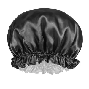 Black satin sleep cap with elastic lace edge and silver lining for hair protection