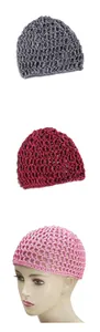 Detail of hollow knitted mesh caps in grey, wine red, and pink colors on display