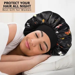 Bonnet de nuit en satin pour femmes avec imprimé papillon et bandeau de soin capillaire