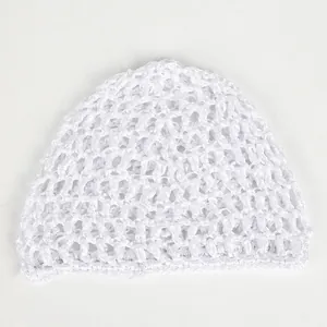 Close-up of white crochet mesh skull cap with breathable openwork knitted texture