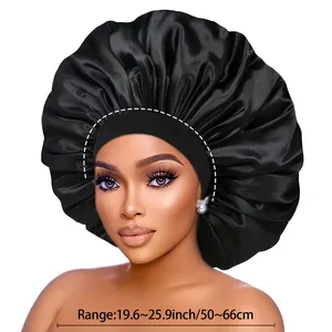 Large black satin bonnet for hair care with elastic band fitting 19.6 to 25.9 inches