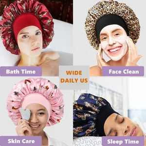 Bonnets de nuit en satin à motifs papillon et léopard avec large bande élastique de soin