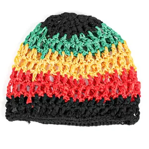 Close-up of crochet mesh beanie featuring Rastafari stripes in black green yellow red
