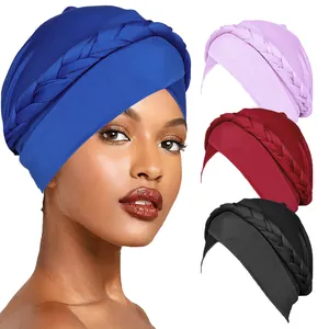Women Fashion Braid Turban Hat Ethnic Style Elastic Polyester Headscarf Solid Color Pre-Tied Twisted Knot Wrap Cap