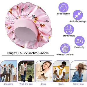 Bonnet de nuit en satin à imprimé papillon rose avec bande élastique pour tête 50-66 cm