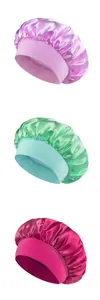 Detailed set of satin sleeping bonnets in pink, mint green and rose red with elastic bands